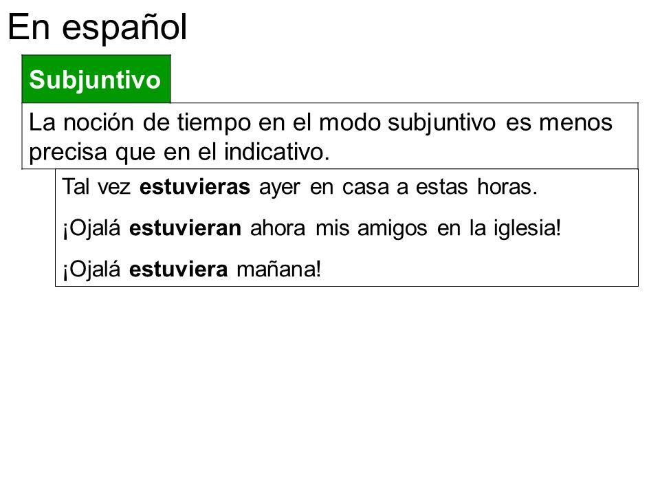 En español Subjuntivo. La noción de tiempo en el modo subjuntivo es menos precisa que en el indicativo.