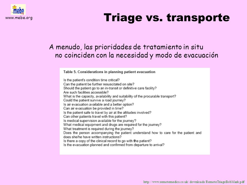 Triage vs. transporte A menudo, las prioridades de tratamiento in situ