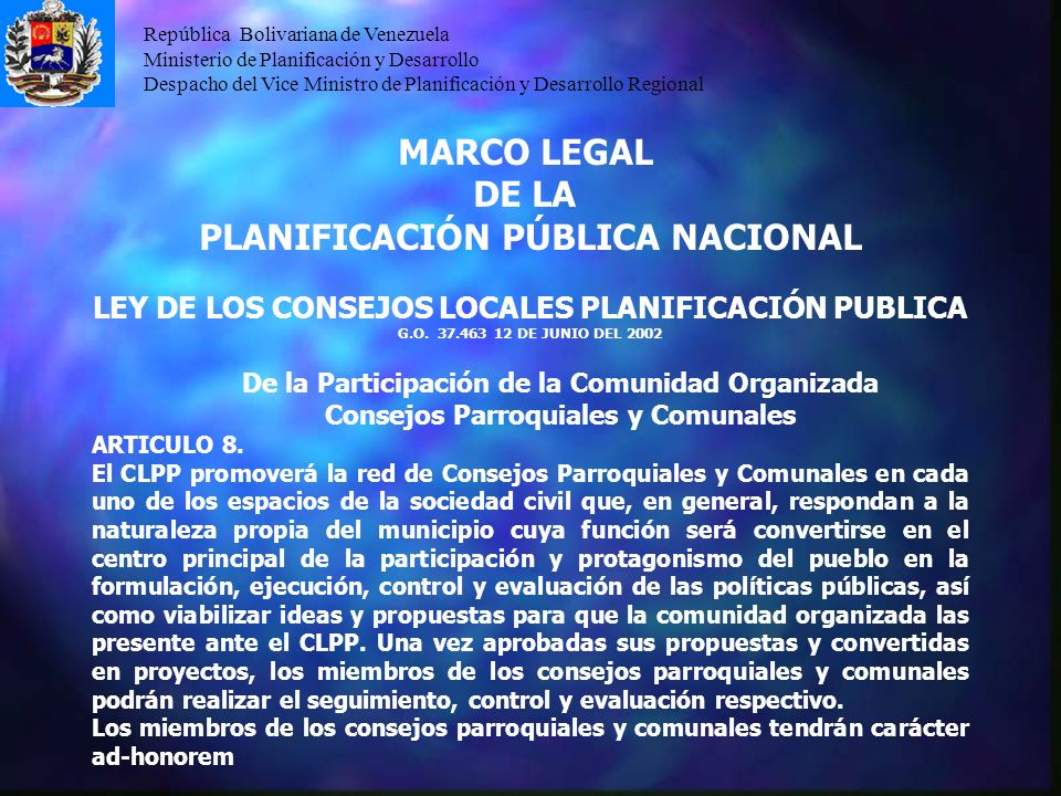 MARCO LEGAL DE LA PLANIFICACIÓN PÚBLICA NACIONAL