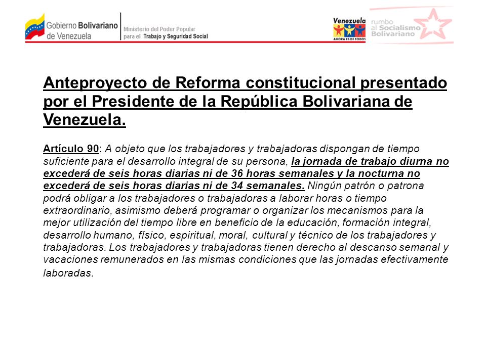 Anteproyecto de Reforma constitucional presentado por el Presidente de la República Bolivariana de Venezuela.