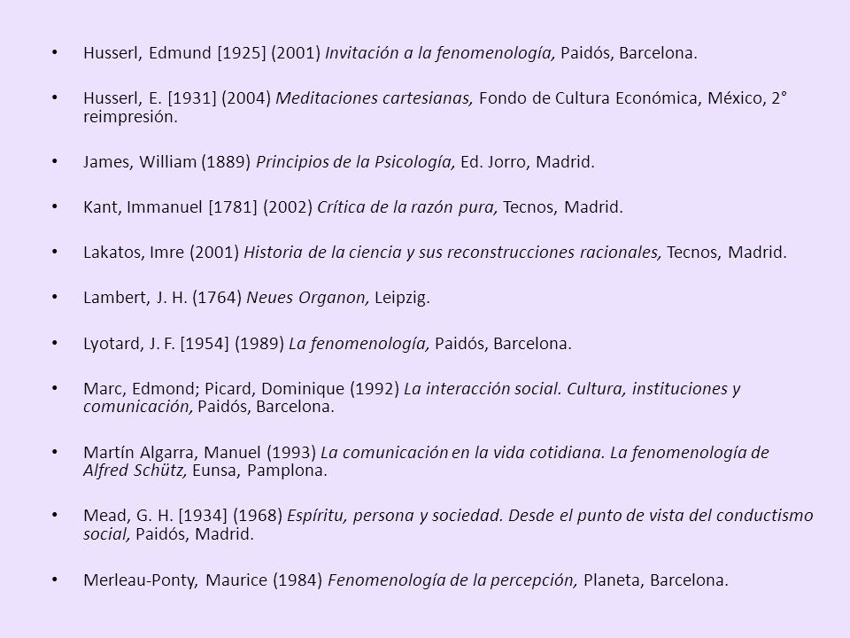 Husserl, Edmund [1925] (2001) Invitación a la fenomenología, Paidós, Barcelona.
