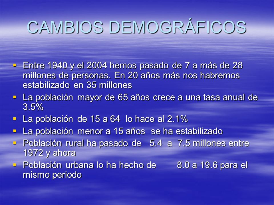 CAMBIOS DEMOGRÁFICOS Entre 1940 y el 2004 hemos pasado de 7 a más de 28 millones de personas. En 20 años más nos habremos estabilizado en 35 millones.