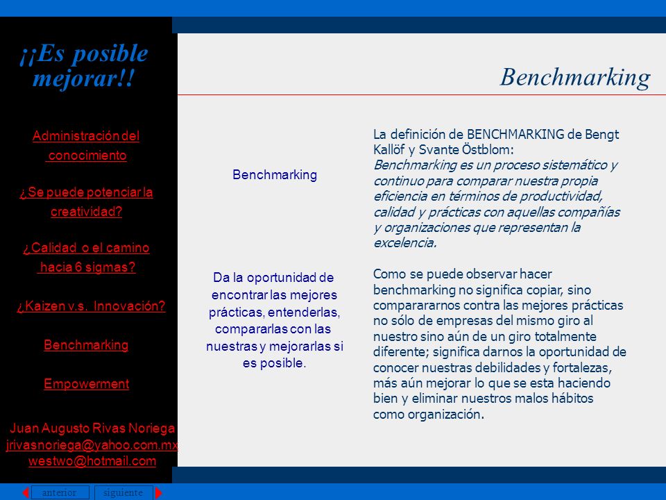 ¡¡Es posible mejorar!! Benchmarking Benchmarking Da la oportunidad de