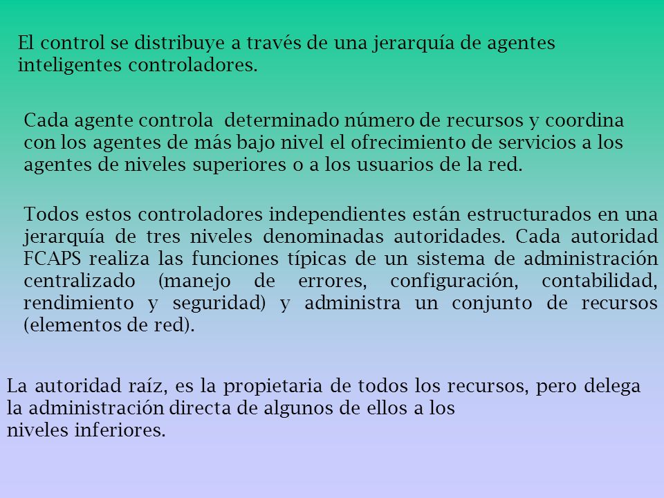 El control se distribuye a través de una jerarquía de agentes inteligentes controladores.