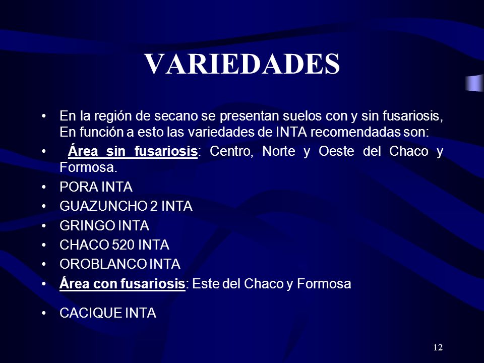 VARIEDADES En la región de secano se presentan suelos con y sin fusariosis, En función a esto las variedades de INTA recomendadas son: