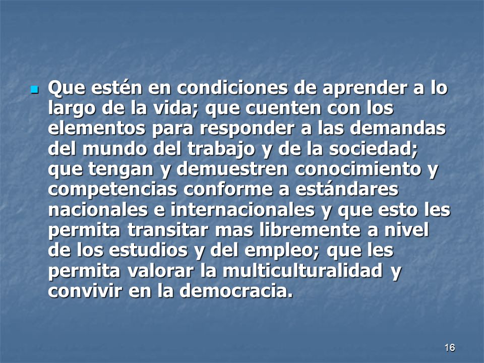 Que estén en condiciones de aprender a lo largo de la vida; que cuenten con los elementos para responder a las demandas del mundo del trabajo y de la sociedad; que tengan y demuestren conocimiento y competencias conforme a estándares nacionales e internacionales y que esto les permita transitar mas libremente a nivel de los estudios y del empleo; que les permita valorar la multiculturalidad y convivir en la democracia.