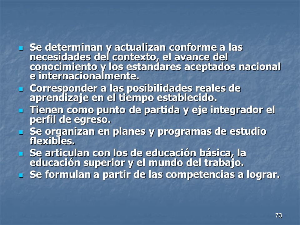 Se determinan y actualizan conforme a las necesidades del contexto, el avance del conocimiento y los estandares aceptados nacional e internacionalmente.