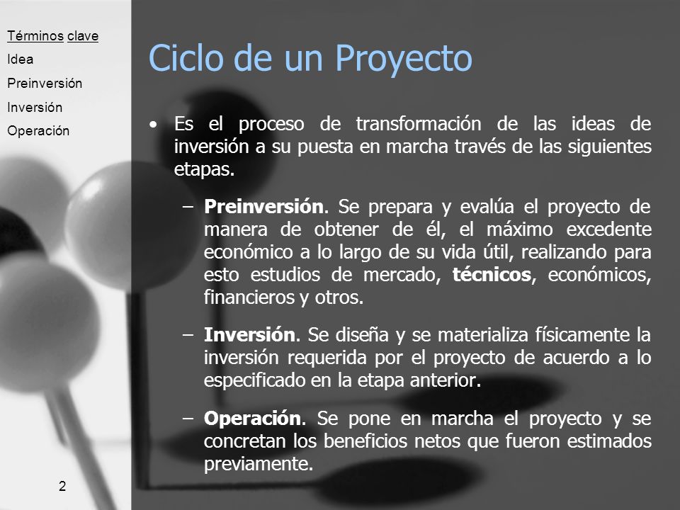 Términos clave Idea. Preinversión. Inversión. Operación. Ciclo de un Proyecto.