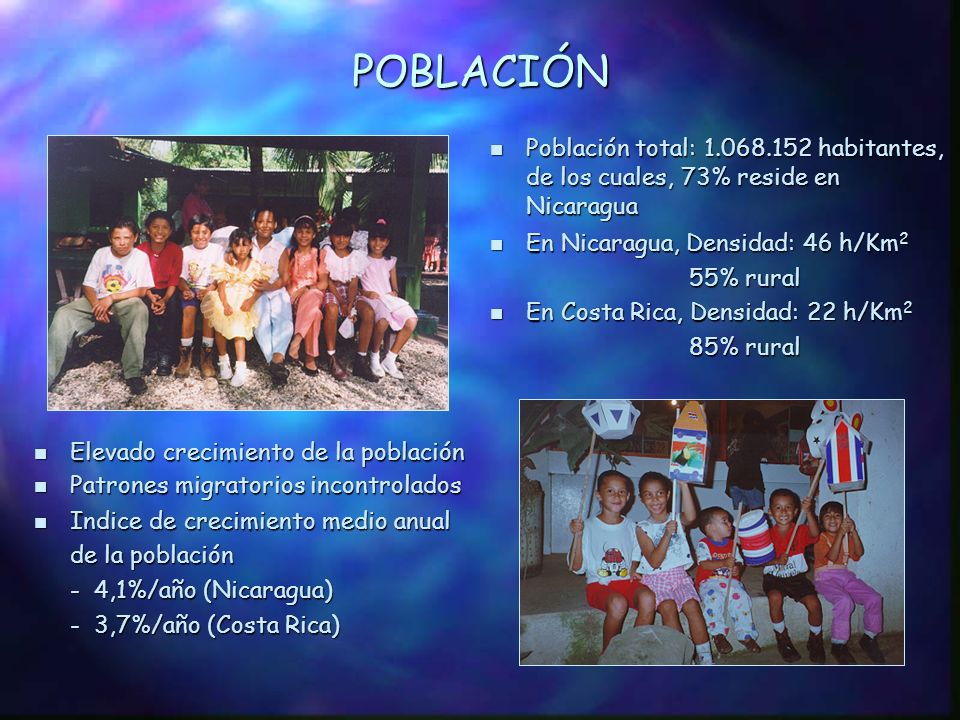 POBLACIÓN Población total: habitantes, de los cuales, 73% reside en Nicaragua. En Nicaragua, Densidad: 46 h/Km2.