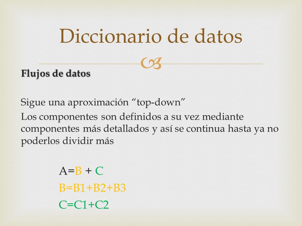 Diccionario de datos A=B + C B=B1+B2+B3 C=C1+C2 Flujos de datos
