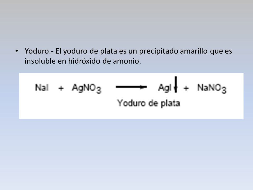 Yoduro.- El yoduro de plata es un precipitado amarillo que es insoluble en hidróxido de amonio.