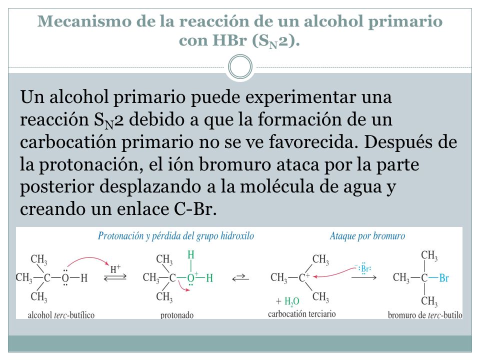 Mecanismo de la reacción de un alcohol primario con HBr (SN2).
