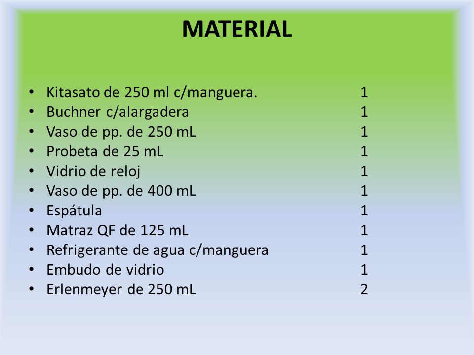 MATERIAL Kitasato de 250 ml c/manguera. 1 Buchner c/alargadera 1