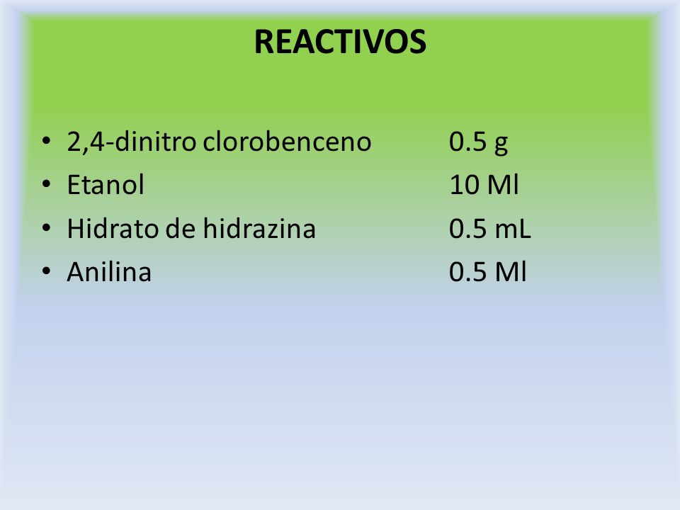 REACTIVOS 2,4-dinitro clorobenceno 0.5 g Etanol 10 Ml