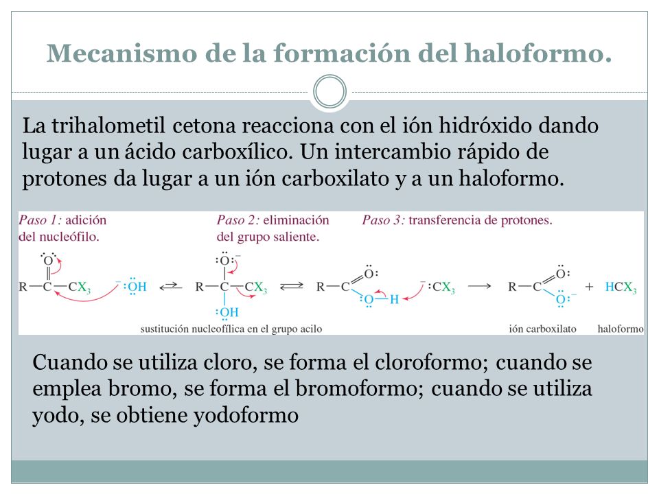Mecanismo de la formación del haloformo.
