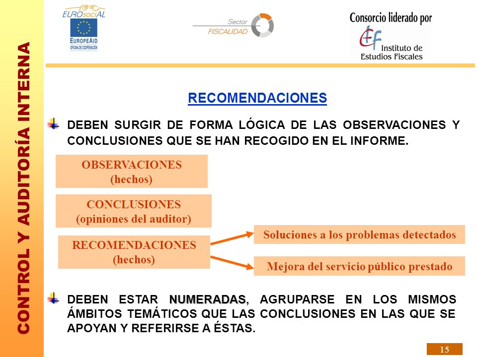 RECOMENDACIONES DEBEN SURGIR DE FORMA LÓGICA DE LAS OBSERVACIONES Y CONCLUSIONES QUE SE HAN RECOGIDO EN EL INFORME.