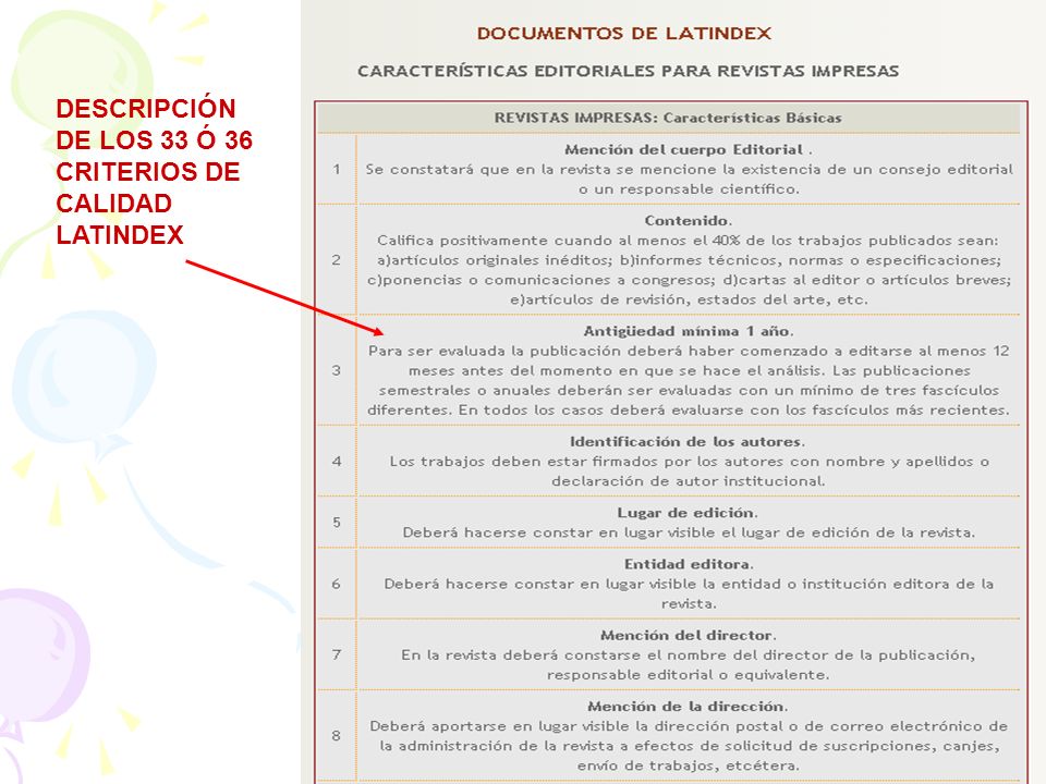 DESCRIPCIÓN DE LOS 33 Ó 36 CRITERIOS DE CALIDAD LATINDEX