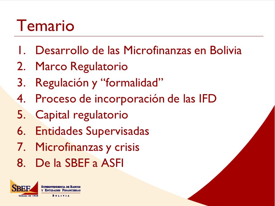 Temario Desarrollo de las Microfinanzas en Bolivia Marco Regulatorio