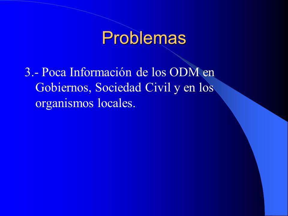 Problemas 3.- Poca Información de los ODM en Gobiernos, Sociedad Civil y en los organismos locales.