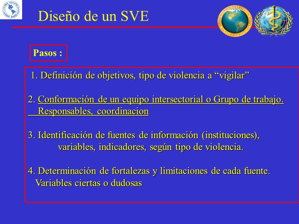 Diseño de un SVE Pasos : 1. Definición de objetivos, tipo de violencia a vigilar 2. Conformación de un equipo intersectorial o Grupo de trabajo.