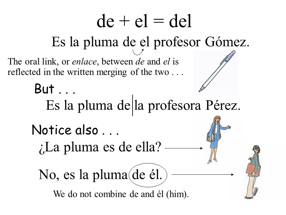 de + el = del Es la pluma d e el profesor Gómez.