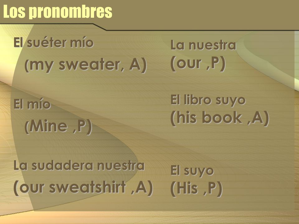Los pronombres (our ,P) (his book ,A) (our sweatshirt ,A) (His ,P)