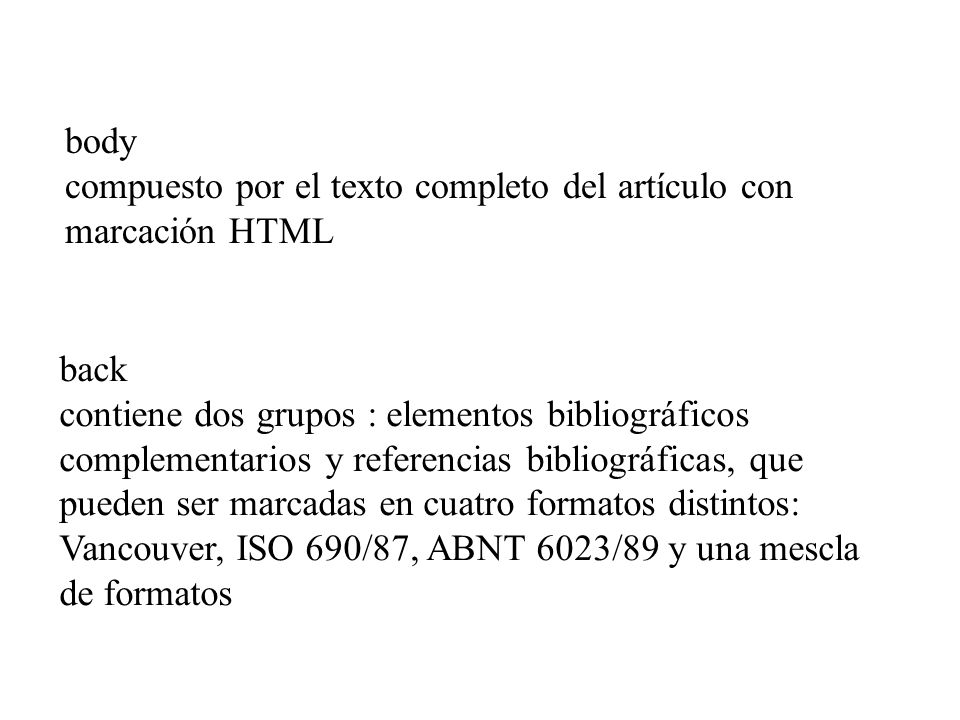 body compuesto por el texto completo del artículo con marcación HTML. back. contiene dos grupos : elementos bibliográficos.
