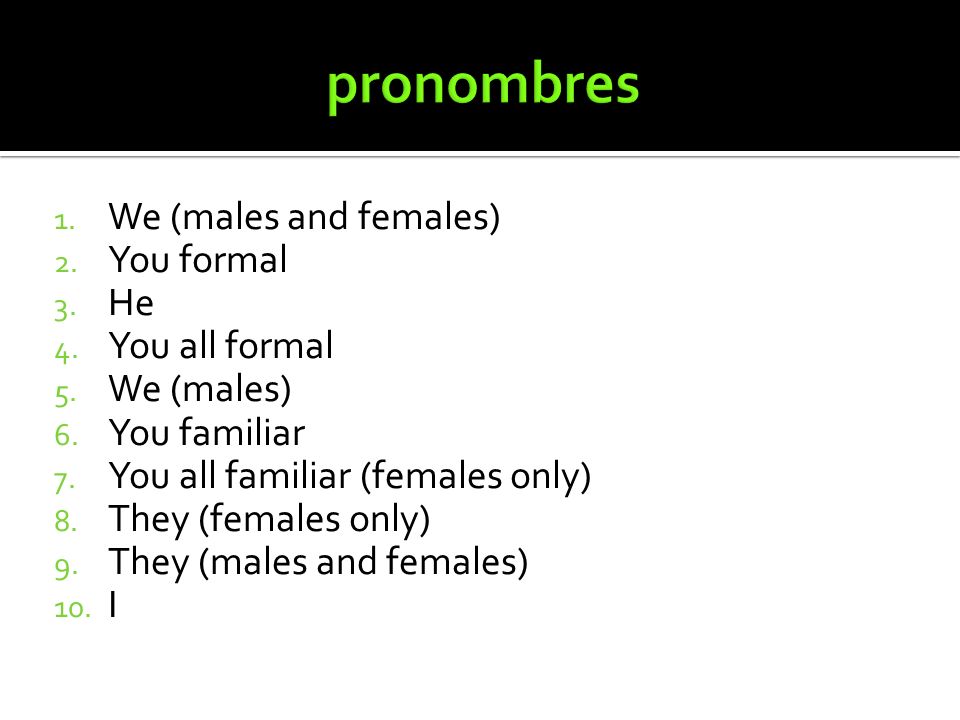 pronombres We (males and females) You formal He You all formal