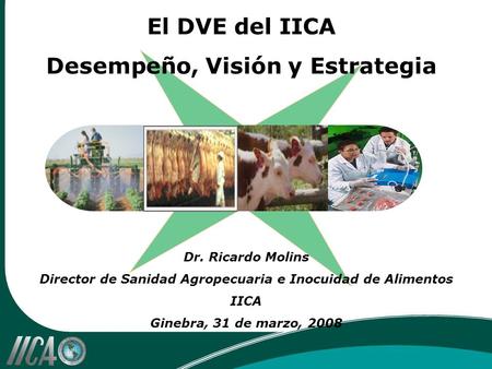 Dr. Ricardo Molins Director de Sanidad Agropecuaria e Inocuidad de Alimentos IICA Ginebra, 31 de marzo, 2008 El DVE del IICA Desempeño, Visión y Estrategia.
