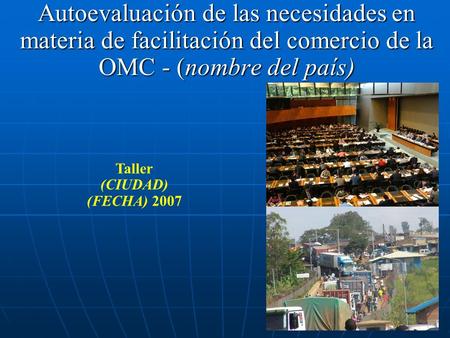 Autoevaluación de las necesidades en materia de facilitación del comercio de la OMC - (nombre del país) Taller (CIUDAD) (FECHA) 2007.