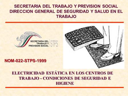 SECRETARIA DEL TRABAJO Y PREVISION SOCIAL DIRECCION GENERAL DE SEGURIDAD Y SALUD EN EL TRABAJO NOM-022-STPS-1999 ELECTRICIDAD ESTÁTICA EN LOS CENTROS DE.