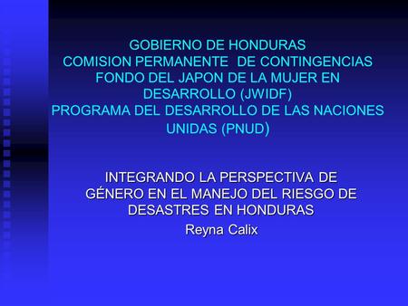 GOBIERNO DE HONDURAS COMISION PERMANENTE DE CONTINGENCIAS FONDO DEL JAPON DE LA MUJER EN DESARROLLO (JWIDF) PROGRAMA DEL DESARROLLO DE LAS NACIONES UNIDAS.