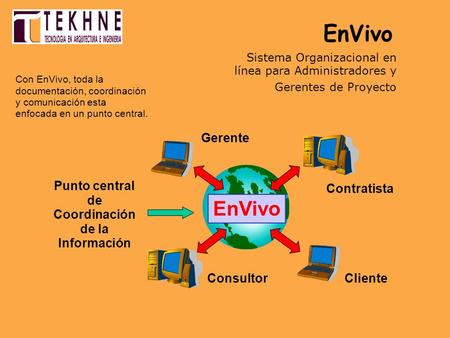 Sistema Organizacional en línea para Administradores y Gerentes de Proyecto Gerente Contratista ConsultorCliente EnVivo Punto central de Coordinación de.