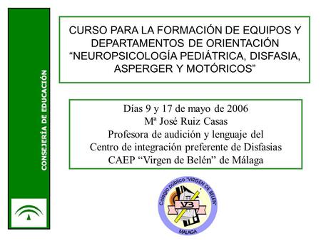 CURSO PARA LA FORMACIÓN DE EQUIPOS Y DEPARTAMENTOS DE ORIENTACIÓN NEUROPSICOLOGÍA PEDIÁTRICA, DISFASIA, ASPERGER Y MOTÓRICOS Días 9 y 17 de mayo de 2006.