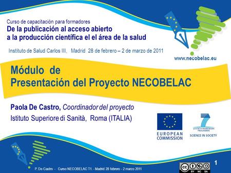 P. De Castro - Curso NECOBELAC T1. - Madrid 28 febrero - 2 marzo 2011 1 Curso de capacitación para formadores De la publicación al acceso abierto a la.