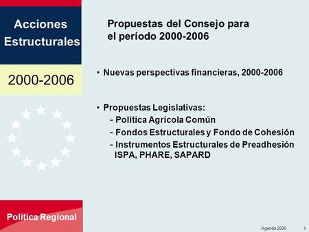 2000-2006 Acciones Estructurales Política Regional Agenda 2000 1 Propuestas del Consejo para el período 2000-2006 Nuevas perspectivas financieras, 2000-2006.