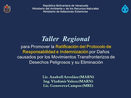 República Bolivariana de Venezuela Ministerio del Ambiente y de los Recursos Naturales Ministerio de Relaciones Exteriores Taller Regional para Promover.