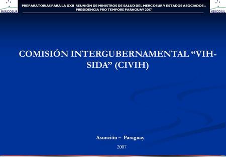 PREPARATORIAS PARA LA XXII REUNIÓN DE MINISTROS DE SALUD DEL MERCOSUR Y ESTADOS ASOCIADOS – PRESIDENCIA PRO TEMPORE PARAGUAY 2007 COMISIÓN INTERGUBERNAMENTAL.