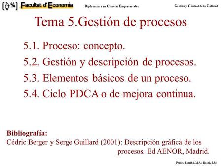D iplomatura en C iencias E mpresariales G estión y C ontrol de la C alidad Profes. Escribá, M.A.; Rosell, J.M: Tema 5.Gestión de procesos 5.1. Proceso: