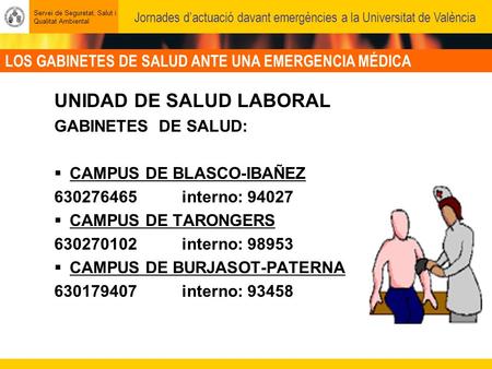 LOS GABINETES DE SALUD ANTE UNA EMERGENCIA MÉDICA Servei de Seguretat, Salut i Qualitat Ambiental Jornades dactuació davant emergències a la Universitat.