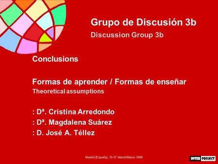 Madrid (España), 15-17 March/Marzo 2006 Grupo de Discusión 3b Discussion Group 3b Conclusions Formas de aprender / Formas de enseñar Theoretical assumptions.