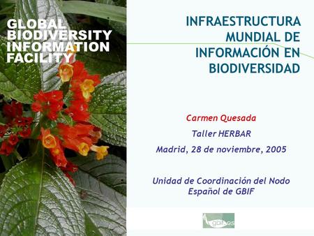 Global Biodiversity Information Facility GLOBAL BIODIVERSITY INFORMATION FACILITY Carmen Quesada Taller HERBAR Madrid, 28 de noviembre, 2005 Unidad de.