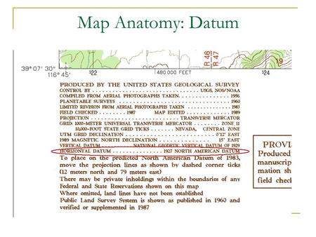 Map Anatomy: Datum Map with no grid labeled. Map Anatomy: Datum El Datum suele aparecer cerca de la escala del mapa. Utilize el Datum Horizontal, no el.