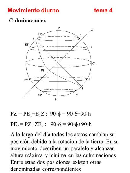 Movimiento diurnotema 4 PZ = PE 1 +E 1 Z : 90- = 90- +90-h PE 2 = PZ+ZE 2 : 90- = 90- +90-h A lo largo del día todos los astros cambian su posición debido.