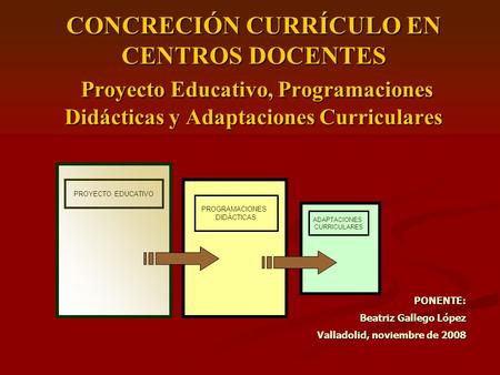 CONCRECIÓN CURRÍCULO EN CENTROS DOCENTES Proyecto Educativo, Programaciones Didácticas y Adaptaciones Curriculares PROGRAMACIONES DIDÁCTICAS PROYECTO.