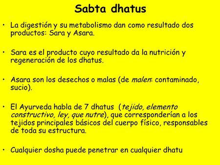 Sabta dhatus La digestión y su metabolismo dan como resultado dos productos: Sara y Asara. Sara es el producto cuyo resultado da la nutrición y regeneración.