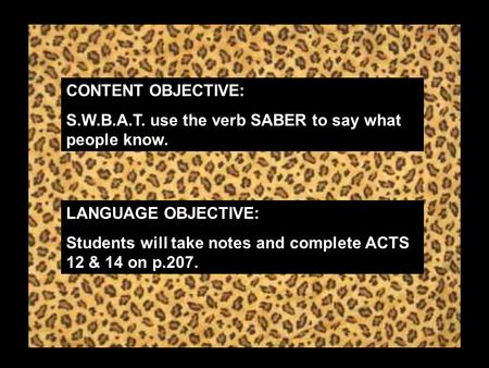 CONTENT OBJECTIVE: S.W.B.A.T. use the verb SABER to say what people know. LANGUAGE OBJECTIVE: Students will take notes and complete ACTS 12 & 14 on p.207.