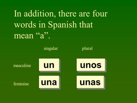 In addition, there are four words in Spanish that mean a. singularplural masculine feminine un una unos unas.