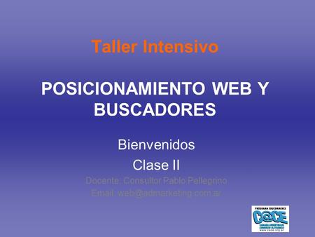 Taller Intensivo POSICIONAMIENTO WEB Y BUSCADORES Bienvenidos Clase II Docente: Consultor Pablo Pellegrino