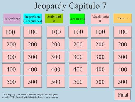 Jeopardy Capítulo 7 Imperfecto Imperfecto (Irregulares) Actividades